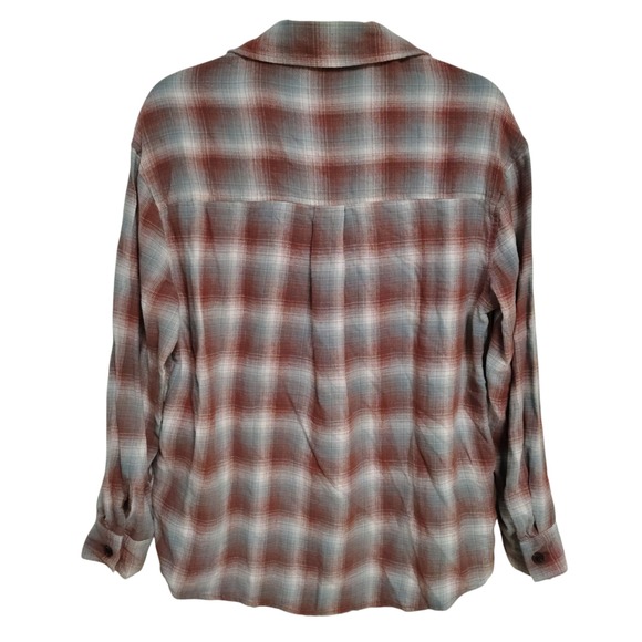 Wild Fable Flannel Shirt XS Oversized Brown Blue Plaid‎ Long Sleeve Button Up - Picture 2 of 9